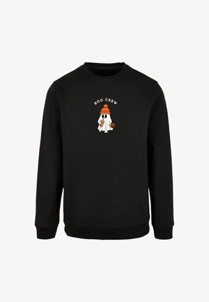 Black crewneck sweatshirt featuring a ghost graphic with an orange knit hat, holding a drink and a pumpkin. Text reads "BOO CREW."