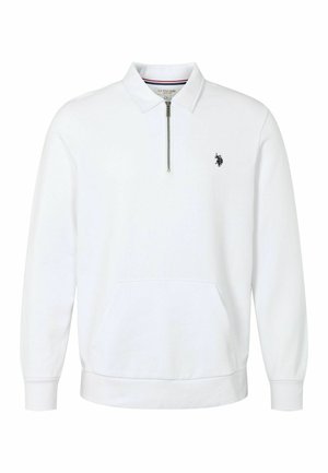 Weißer Pullover-Sweatshirt mit einem Viertel-Reißverschluss-Kragen, Fronttasche und einem kleinen schwarzen Emblem auf der linken Brust. Baumwollmischgewebe.