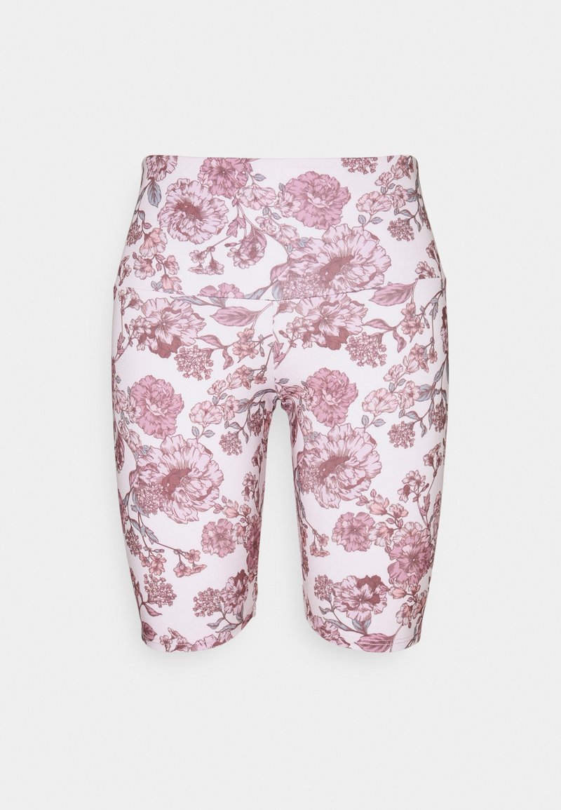 Blommiga cykelbyxor i en ljusrosa bas med mörkrosa och lila blommönster, tillverkade av stretchigt tyg med en mjuk textur.