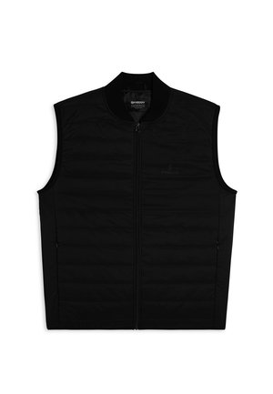 Gilet rembourré noir avec col montant, fermeture éclair à l'avant et deux poches latérales. Présente des panneaux texturés et un logo discret.