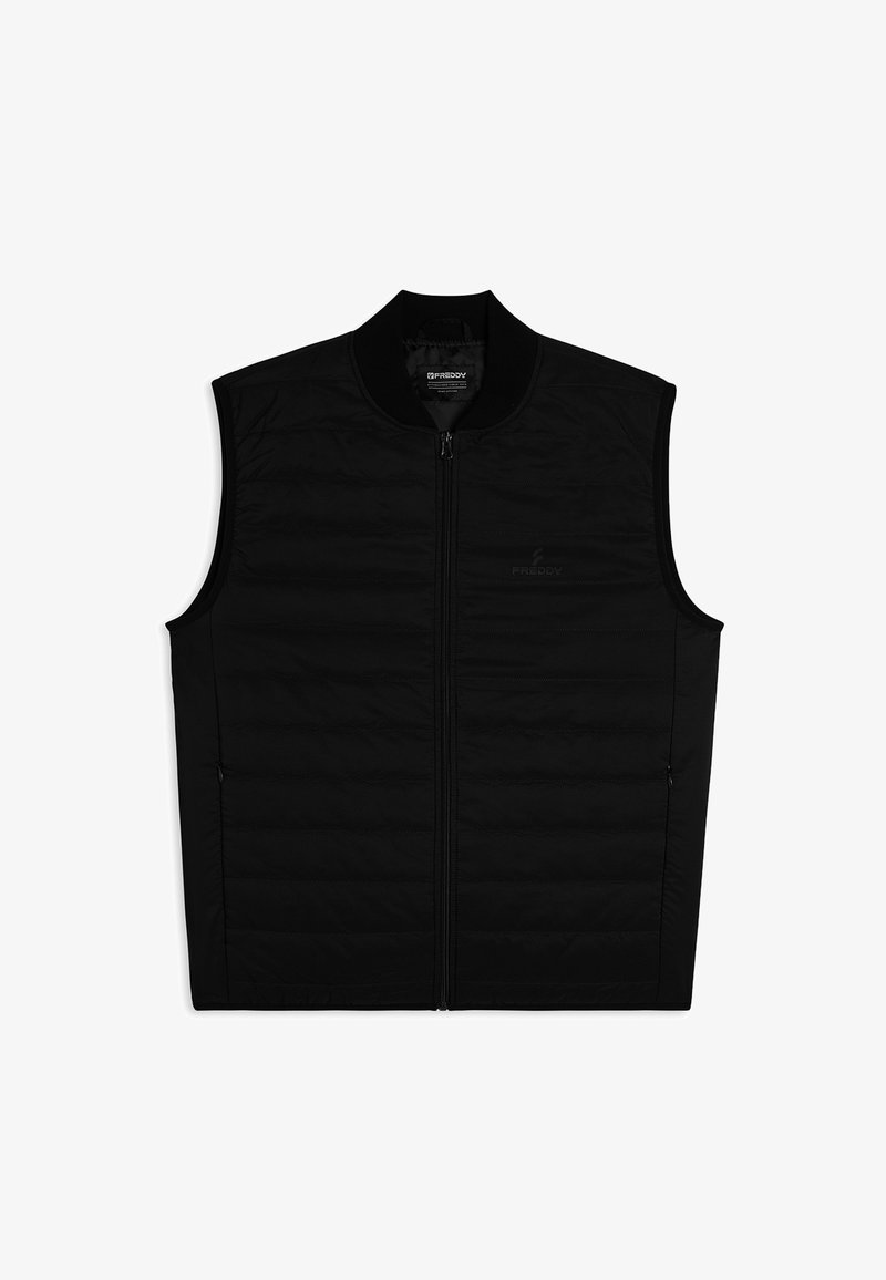 Gilet imbottito nero con colletto alto, chiusura frontale con zip e due tasche laterali. Presenta pannelli testurizzati e un logo discreto.