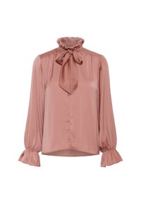 Satinbluse i støvet rosa med en rynket høj krave, en sløjfedetalje ved halsen og lange ballonærmer med flaremanchetter.