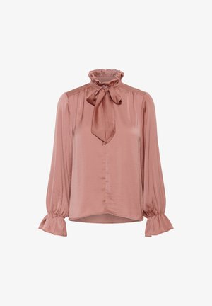 Satinbluse in staubigem Rosé mit rüschigem Stehkragen, Schleifendetail am Hals und langen, puffierten Ärmeln mit ausgestellten Manschetten.