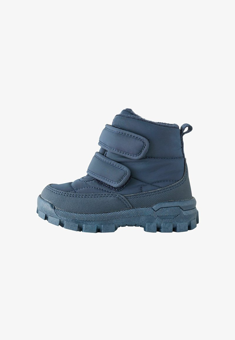 Blue children's winter boot with two Velcro straps, thick rugged sole, and pull tab at the back, on white background.