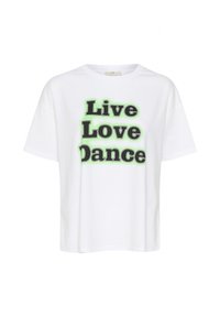 T-shirt en coton blanc à manches courtes et coupe décontractée, avec un texte noir en gras "Vivre Aimer Danser" avec une bordure verte.