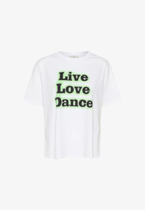 T-shirt en coton blanc à manches courtes et coupe décontractée, avec un texte noir en gras "Vivre Aimer Danser" avec une bordure verte.