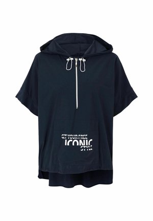 Dark navy short-sleeve hoodie with front zipper, drawstrings, kangaroo pocket, and white text "GET YOUR FREE ICONIC STYLE" on pocket.