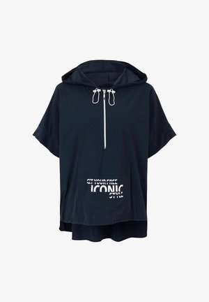 Dark navy short-sleeve hoodie with front zipper, drawstrings, kangaroo pocket, and white text "GET YOUR FREE ICONIC STYLE" on pocket.