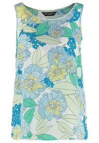 Camiseta sin mangas de tela ligera con flores azules, amarillas y verdes sobre un fondo blanco. Cuello redondo y diseño sin mangas.