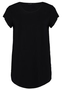 T-shirt noir à manches courtes avec un col rond et un ourlet légèrement courbé, présenté sur un fond blanc uni.