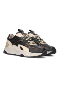 Black, beige, and textured leather sneakers with a chunky sole, featuring lace closures and a mix of smooth and patterned materials.