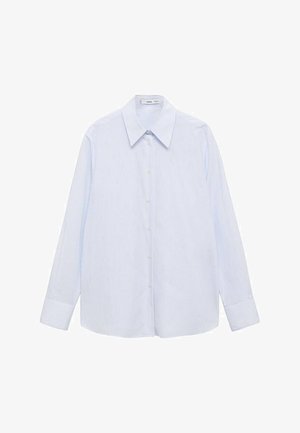 Svetlomodrá pruhovaná košeľa s dlhými rukávmi, špicatým golierom a voľným strihom. Vyrobená z hladkej, priedušnej látky.