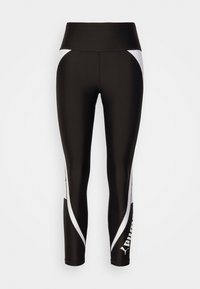 Black athletic leggings with a high waistband, featuring white accents along the sides and a logo in white on the lower leg. Smooth texture.