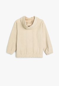 Pull en polaire crème avec un col montant, un ourlet froncé et des poignets élastiqués. Texture douce, coupe décontractée et coutures minimales.