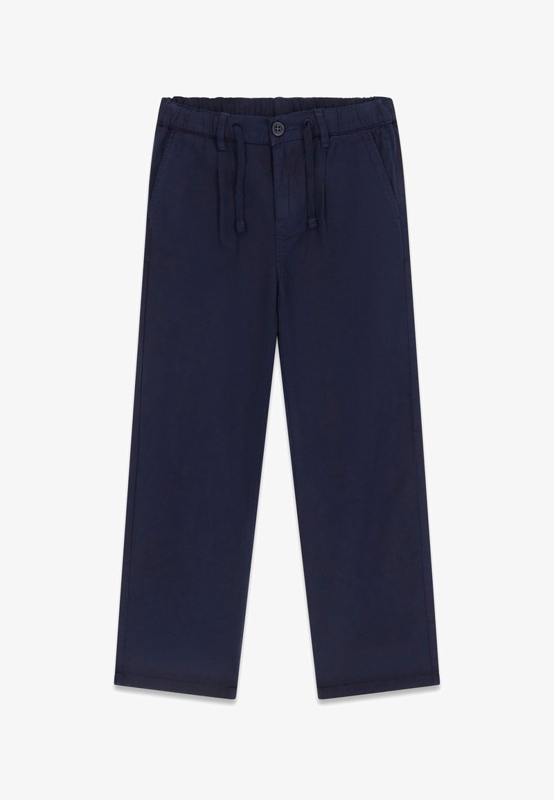 Pantalon décontracté bleu marine avec ceinture élastique, cordon, fermeture par bouton et poches latérales, posé à plat sur fond blanc.