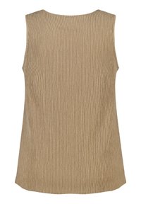 Beige mouwloos topje met een gestructureerd, geribbeld oppervlak. Heeft een ronde halslijn en een rechte zoom, wat zorgt voor een eenvoudige, ontspannen silhouet.