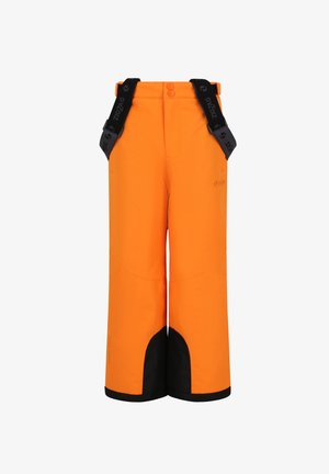 Oranje waterdichte skibroek met verstelbare zwarte bretels, contrasterende zwarte accenten aan de onderkant en een gladde textuur.