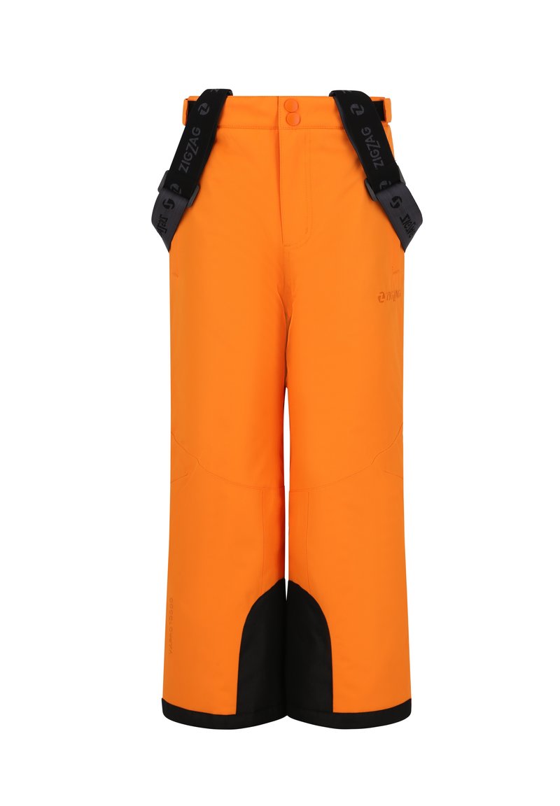 Orange wasserfeste Skihosen mit verstellbaren schwarzen Trägern, kontrastierenden schwarzen Akzenten am Saum und glatterTextur.
