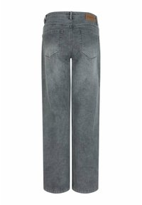 Grijze denim wijde broek met een hoge taille, voorzien van twee achterzakken en een bruine leren label aan de tailleband.