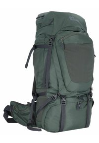 Dunkelgrüner Wanderrucksack mit mehreren Fächern, verstellbaren Riemen, gepolstertem Rücken und einer strukturierten Oberfläche. Verfügt über Reißverschlusstaschen und Schnallen.