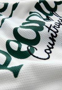 Hvidt tekstureret stof med grønne og sorte broderede kursivbogstaver, delvist synlige og let krøllede.