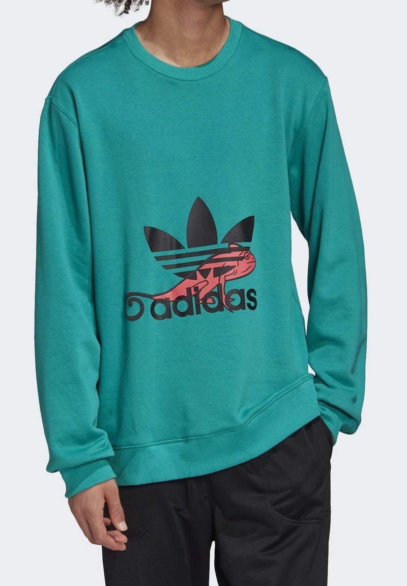 Turkos sweatshirt med ett svart motiv av tre ränder och en stiliserad ödla. Rund halsringning samt ribbade muddar och fåll.