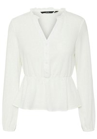 Weiße Peplum-Bluse mit langen Ärmeln, strukturiertem Stoff, Knopfleiste und Rüschendetails am Ausschnitt. Entworfen für eine lockere Passform.