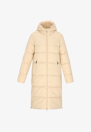 Beige, knælængde pufferjakke med hætte, vandret quiltning, to frontlynlåse lommer og central lynlås lukning foran.