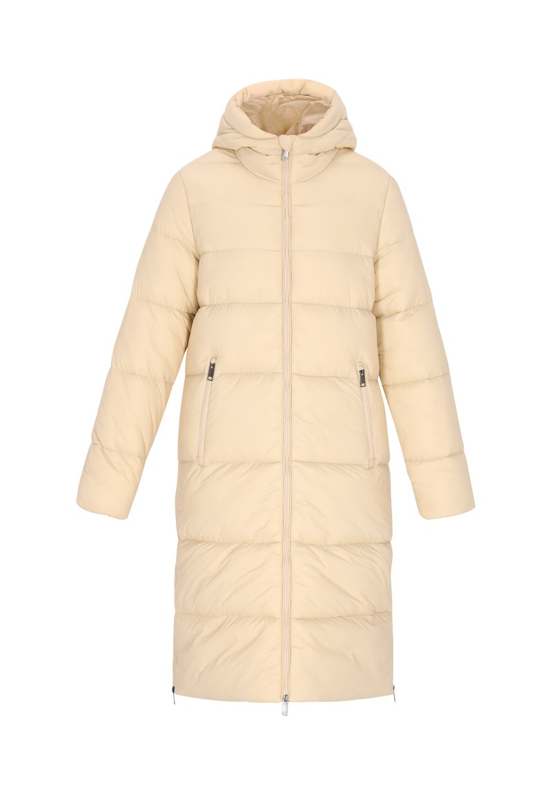 Beige, knälång pufferjacka med huva, horisontell quiltning, två framfickor med dragkedja och en central dragkedjestängning.