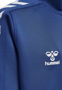 Modrá športová bunda vyrobená z hladkej tkaniny. Obsahuje biely chevron vzor na ramenách a logo na hrudi.