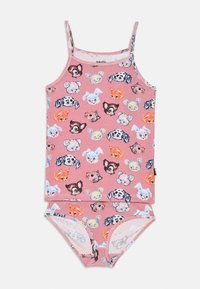 Ensemble débardeur et short en coton rose, présentant divers imprimés de visages d'animaux dans plusieurs couleurs. Fines bretelles, texture douce et taille élastique.