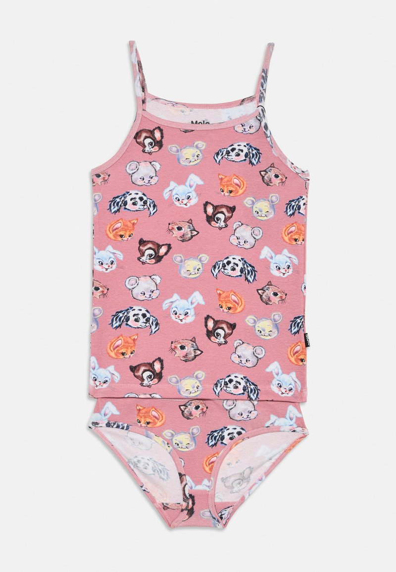 Ensemble débardeur et short en coton rose, présentant divers imprimés de visages d'animaux dans plusieurs couleurs. Fines bretelles, texture douce et taille élastique.