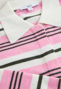 Ružovo-bielo pruhovaný pletený top s krémovým golierom. Obsahuje tmavozelené pruhy a mäkkú textúru. Na vnútornej strane je označenie "NEXT".