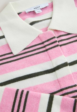 Rožinė ir balta dryžuota megzta palaidinė su kremine apykakle. Sukurta su tamsiai žaliais dryžiais ir minkšta tekstūra. Etiketėje viduje parašyta "NEXT".