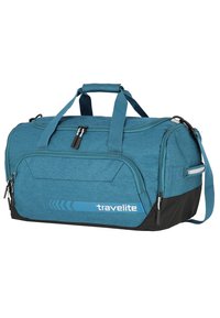 Borsa da viaggio in tessuto color turchese con fondo nero, doppi manici superiori, tracolla regolabile, tasca frontale con zip e marchio "Travelite".