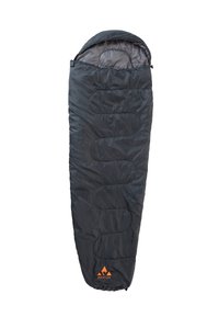 Dunkelgrauer Schlafsack mit einer Kapuze, gestepptem Design, Wellenmuster und einem orangefarbenen Logo nahe dem Boden. Strapazierfähiges, leichtes Material.