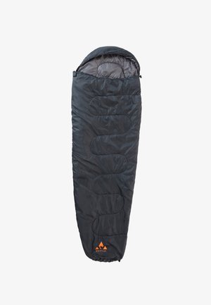 Donkergrijze slaapzak met een capuchon, geborduurde textuur, golfpatroon en een oranje logo nabij de onderkant. Duurzaam, lichtgewicht materiaal.