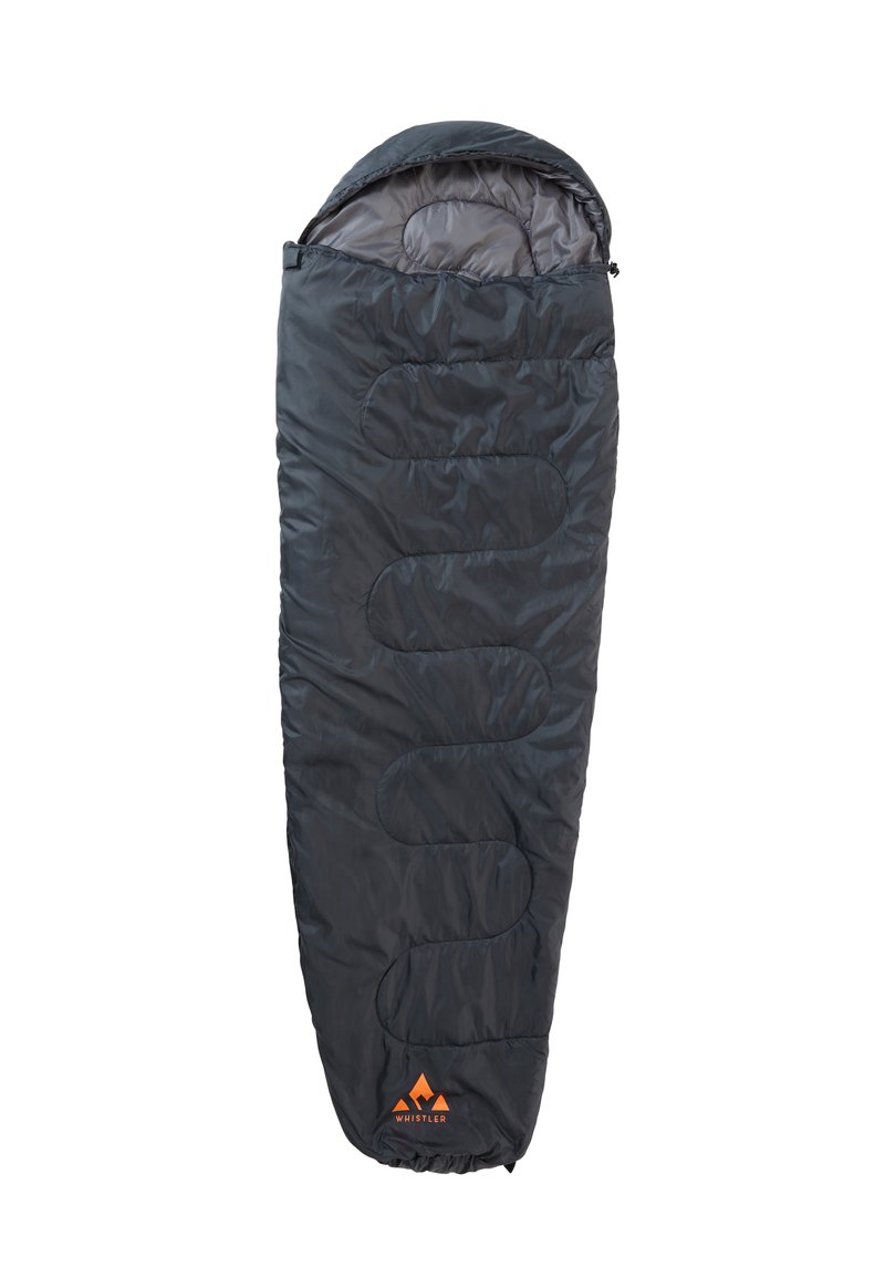 Dunkelgrauer Schlafsack mit einer Kapuze, gestepptem Design, Wellenmuster und einem orangefarbenen Logo nahe dem Boden. Strapazierfähiges, leichtes Material.