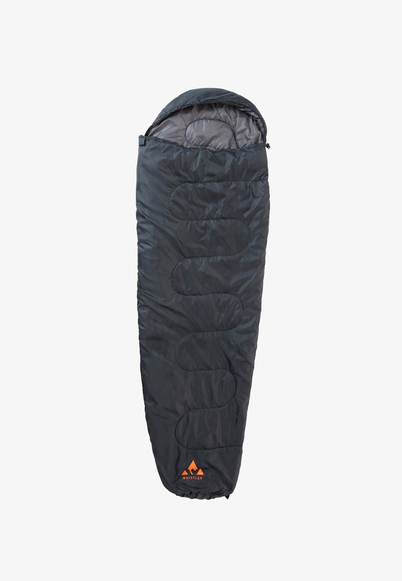 Dunkelgrauer Schlafsack mit einer Kapuze, gestepptem Design, Wellenmuster und einem orangefarbenen Logo nahe dem Boden. Strapazierfähiges, leichtes Material.