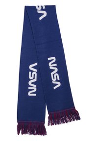 Fular bleu marin cu text alb "NASA", borduri ciufulite în roșu și albastru, fabricat dintr-un material moale și texturat.