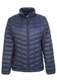 Marinblå vadderad jacka med hög krage, med ett kviltat mönster, fram zip-stängning och sidofickor. Mjuk, lättviktig tyg.