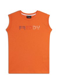 Camiseta de algodón naranja con mangas cortas y ligeramente acampanadas. En la parte frontal presenta la palabra "FREDDY" en letras coloridas y punteadas.