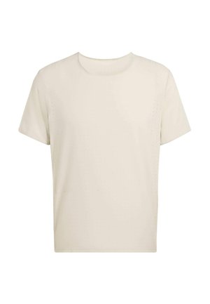 Short-sleeve, cream-colored t-shirt made of soft fabric with a round neckline and subtle perforated pattern throughout.