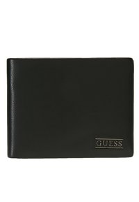 Portafoglio in pelle nera con finitura testurizzata, caratterizzato da un logo "GUESS" impresso sul fronte in un layout rettangolare.