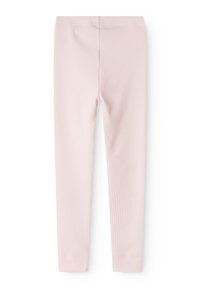 Rosa ribbede leggings laget av mykt stoff med elastisk midjebånd. De har en slank passform og rett skjæring ned til anklene.