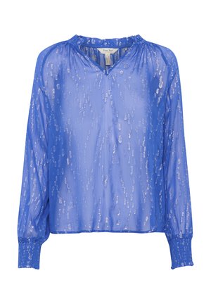 Sheer blue blouse with long sleeves, featuring a v-neck and gathered neckline. The fabric has a subtle shimmering pattern throughout.