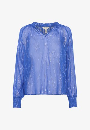 Prozorna modra bluza z dolgimi rokavi, ki ima V-izrez in nabran ovratnik. Tkanina ima subtilen sijoč vzorec po celotni površini.