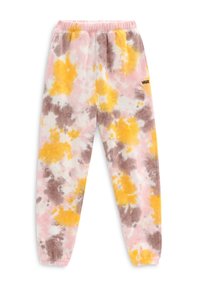 T-shirt i batikmönster i rosa, gult och brunt. Tillverkad av mjukt tyg med elastiskt midjeband och muddar. Har varumärkeslogotyp.