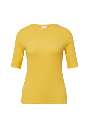 Gelbes Kurzarm-T-Shirt aus Baumwolle, mit einem runden Ausschnitt und einer taillierten Form, mit einer glatten, gleichmäßigen Textur.