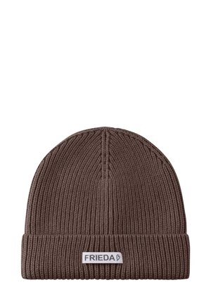 Brown knitted beanie made from ribbed fabric with a folded cuff; features a white label with the brand name "FRIEDA."